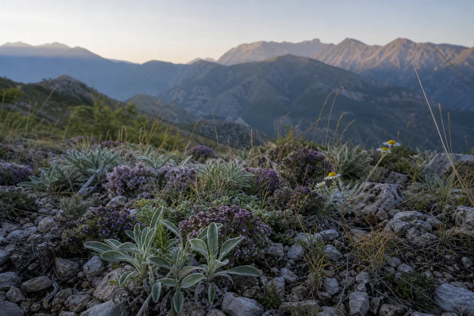 Wild botanicals on rocky highland ground
